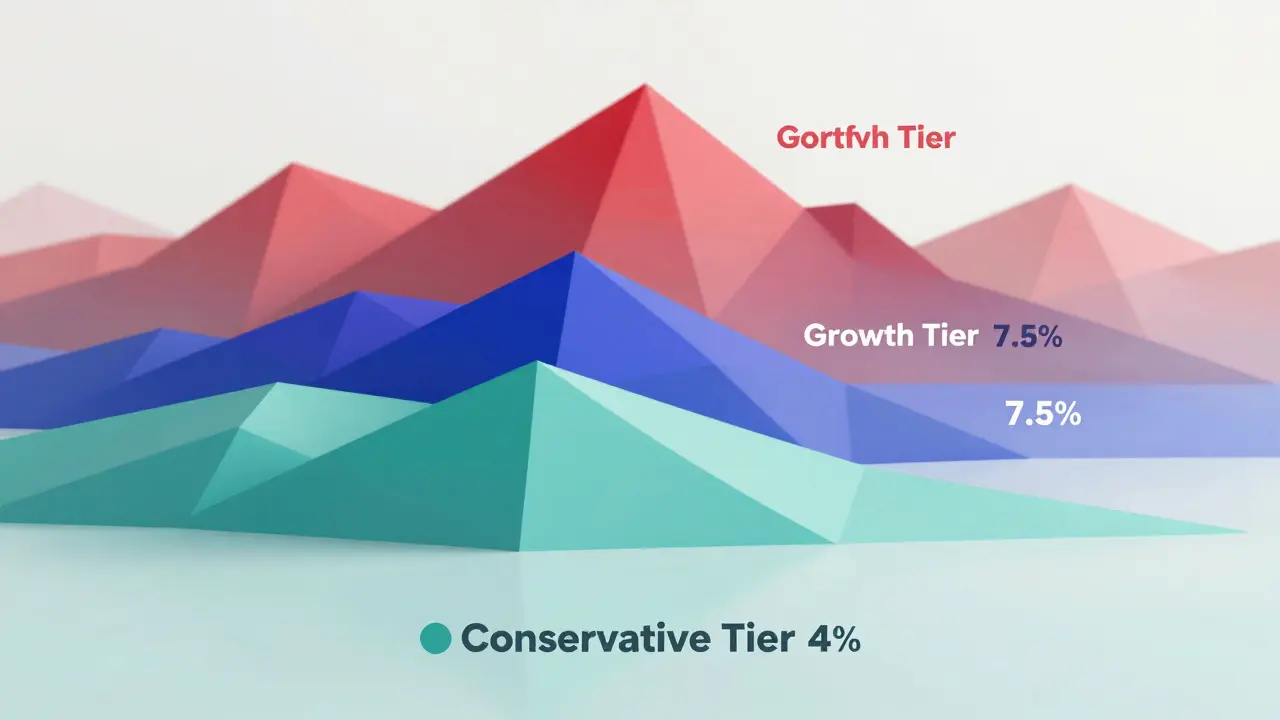 Geometric landscape showing conservative vs growth investment tiers in low poly style.