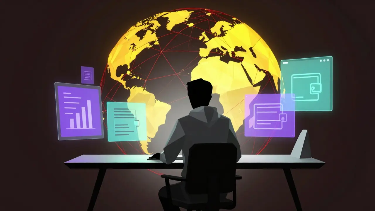 Low poly anonymous hacker working at computer with screens
