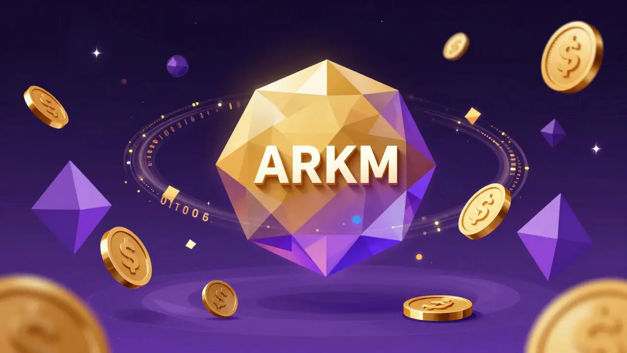 Low poly ARKM token surrounded by digital rewards and fees