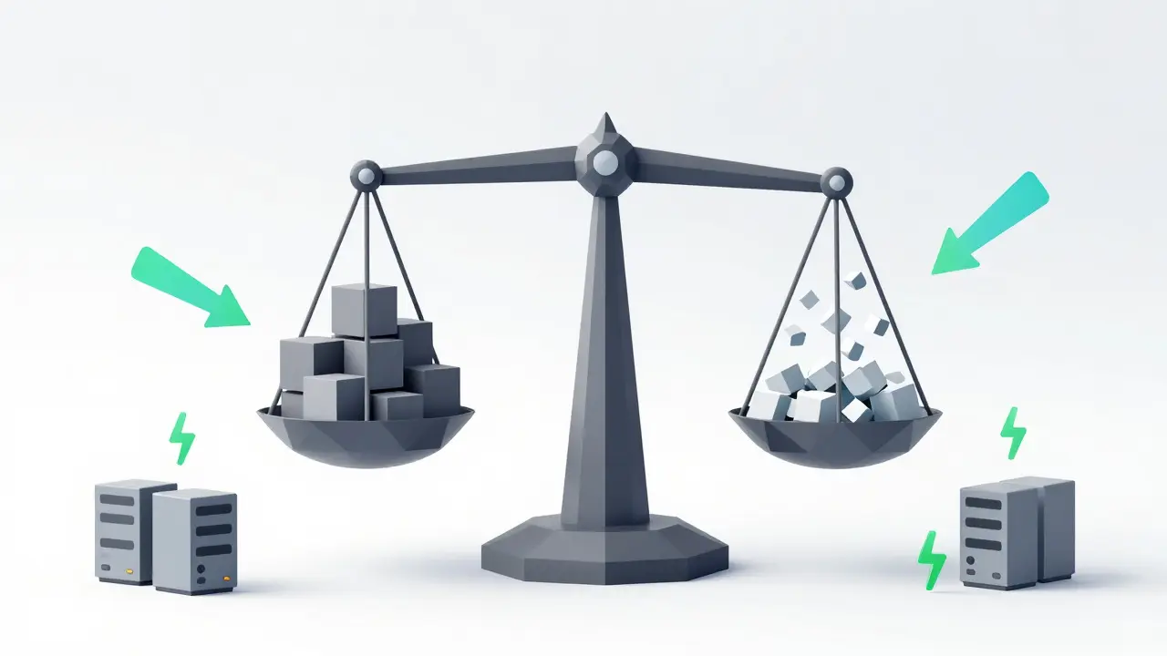 Low poly balance scale adjusting weights, representing automatic mining difficulty regulation.