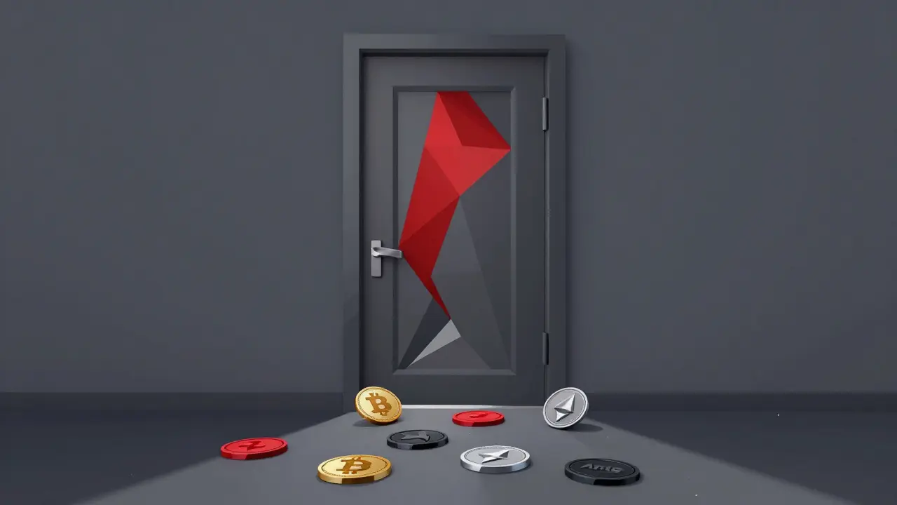Low poly closed door with scattered abandoned crypto tokens