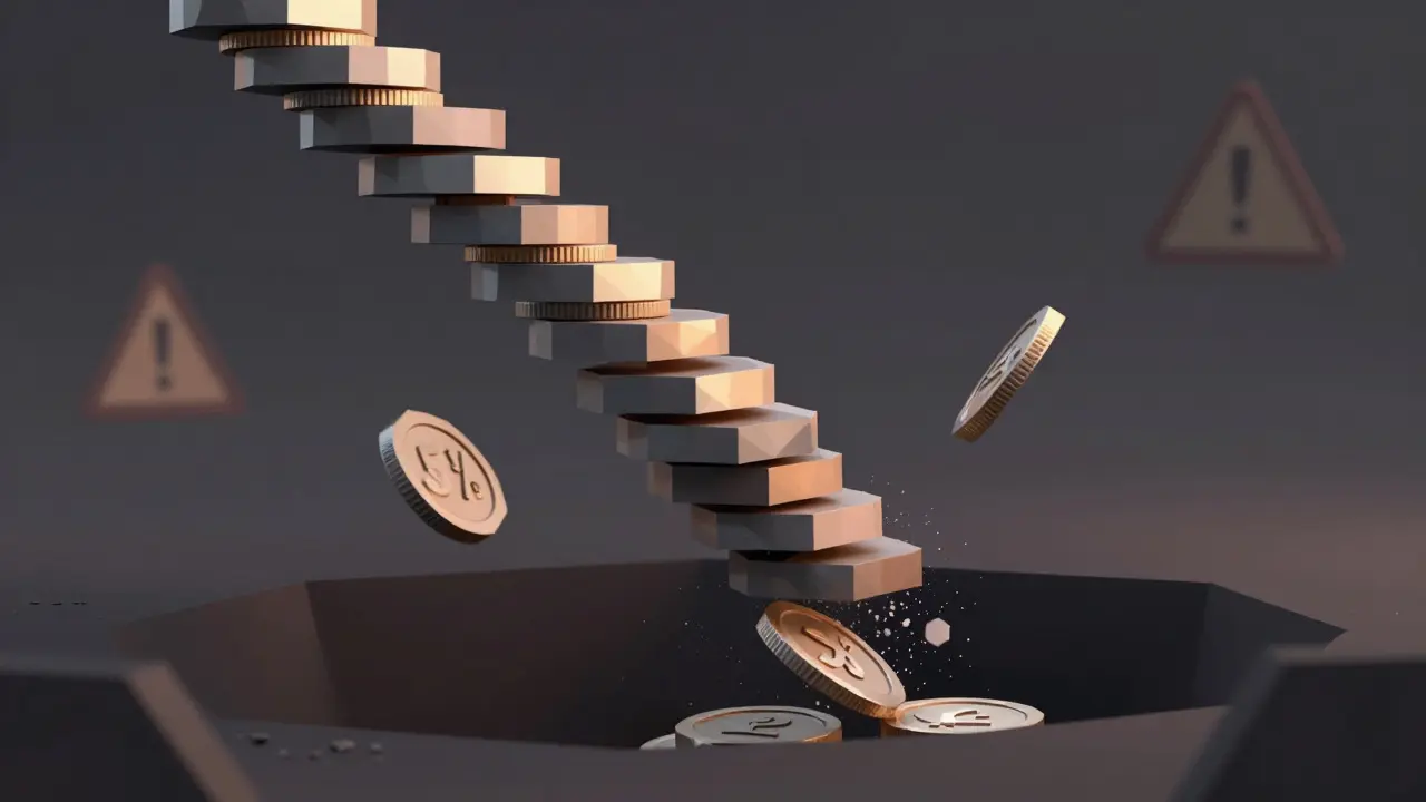 Low-poly coins dissolving into dust representing drained crypto funds