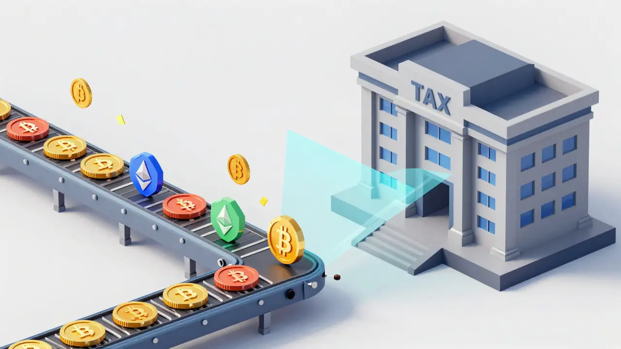 Low poly coins flowing into a government building, representing automated crypto transaction reporting and data matching.