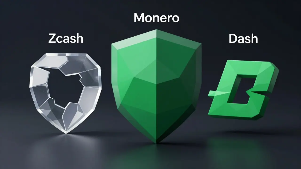 Low poly comparison of Monero, Zcash, and Dash privacy security models