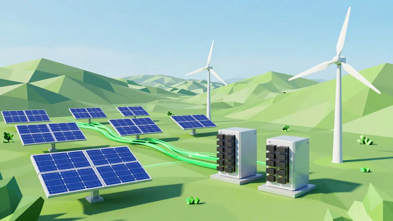 Low poly concept art of sustainable crypto mining powered by solar and wind renewable energy sources.