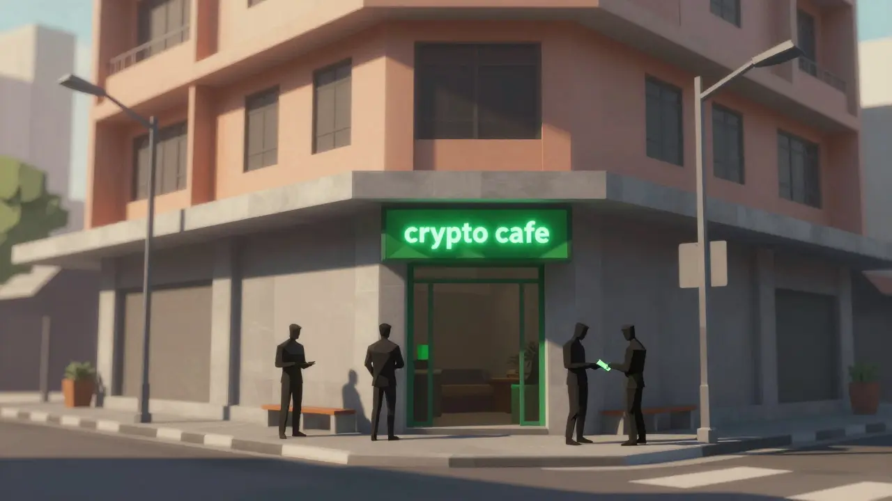 Low poly crypto cafe exterior with figures exchanging cash