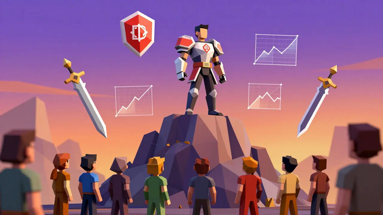 Low poly gamer hero on a peak with DRAC token armor overlooking followers.