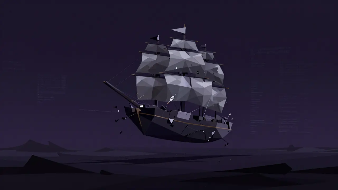Low poly ghost ship in dark void symbolizing dead token