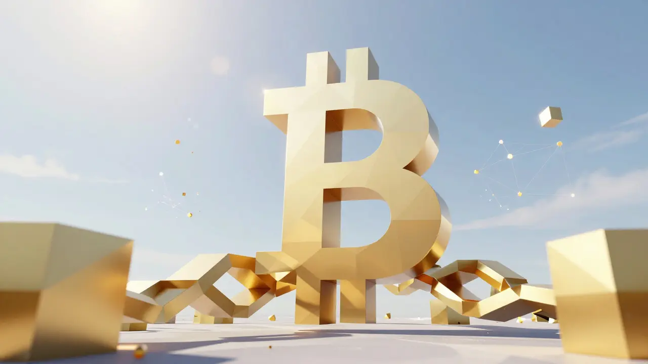 Low poly golden blockchain structure rising as a symbol of decentralized digital security.