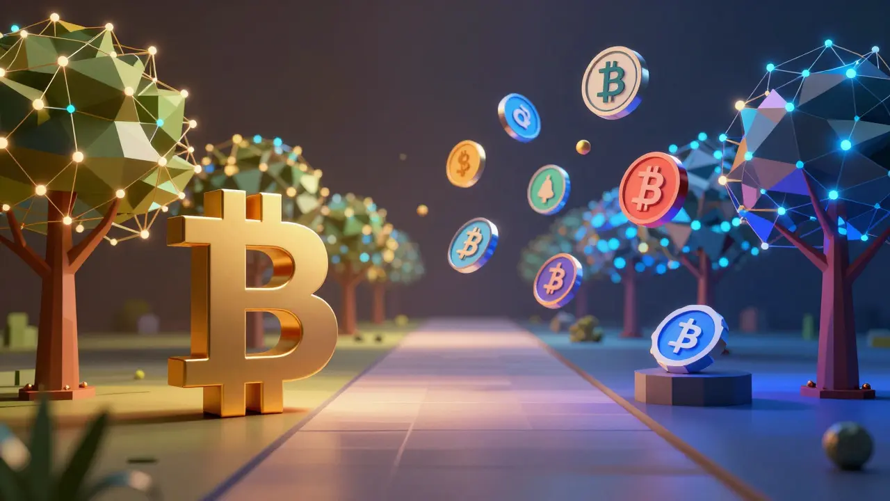 Low poly graphic contrasting stable Bitcoin with risky tokens