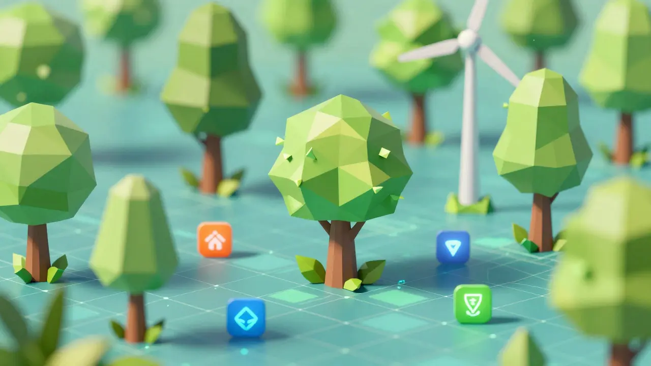 Low poly graphic of green trees growing from a digital grid