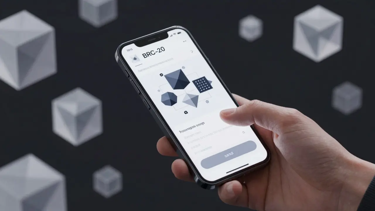 Low poly hand assembling complex geometric code blocks for a Bitcoin transaction.