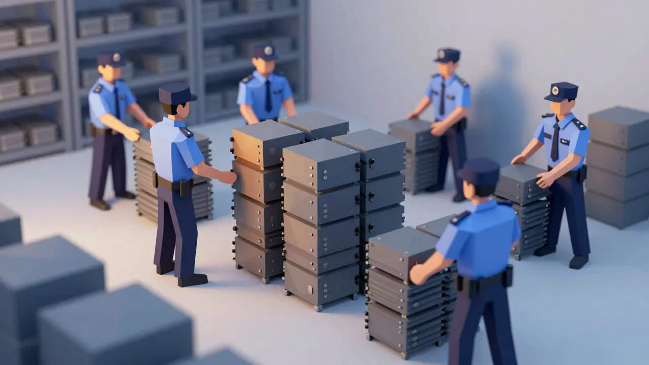 Low poly illustration of authorities confiscating illegal cryptocurrency mining equipment in a warehouse.