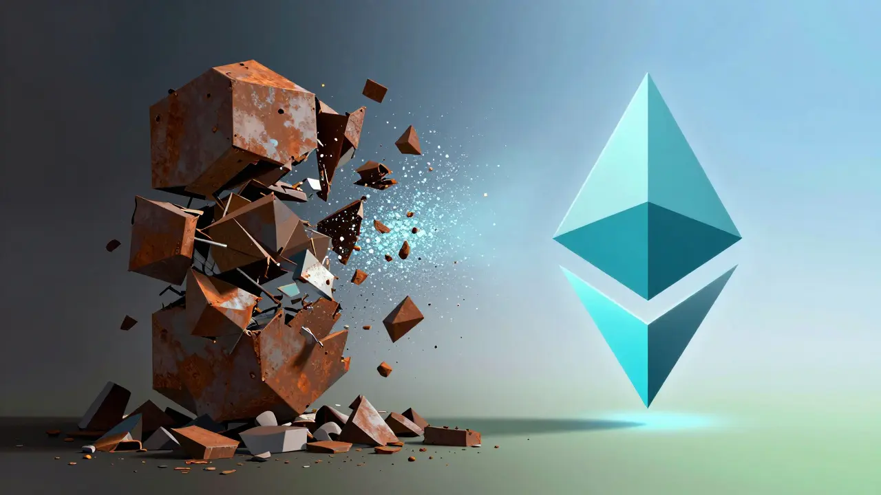 Low poly illustration of blockchain switching to efficient staking