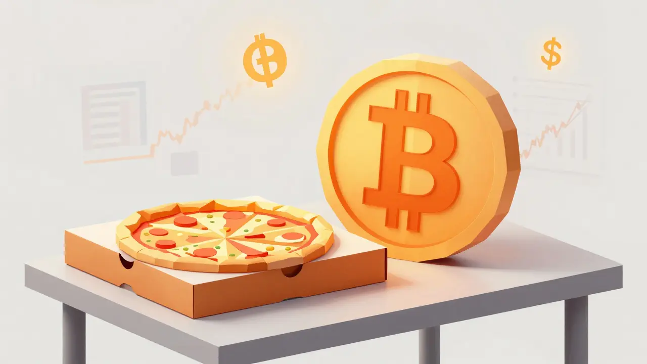 Low poly illustration of two pizzas and a Bitcoin coin marking the first real transaction.