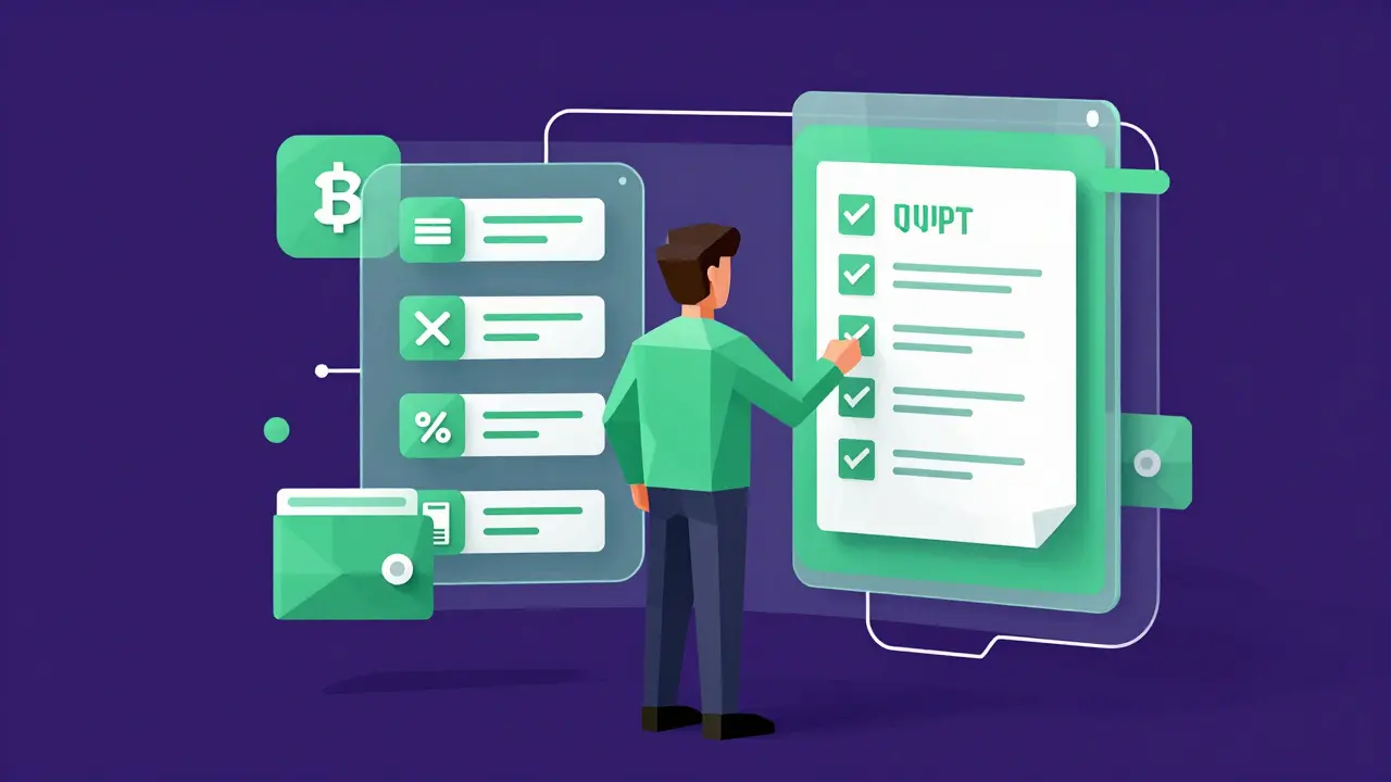 Low poly investor checking a holographic compliance dashboard with digital wallet and audit icons.