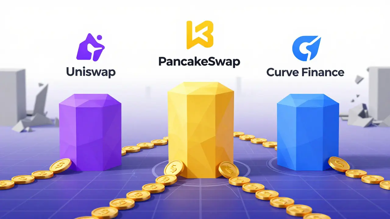 Low poly pillars representing safe crypto exchanges with gold coin flows