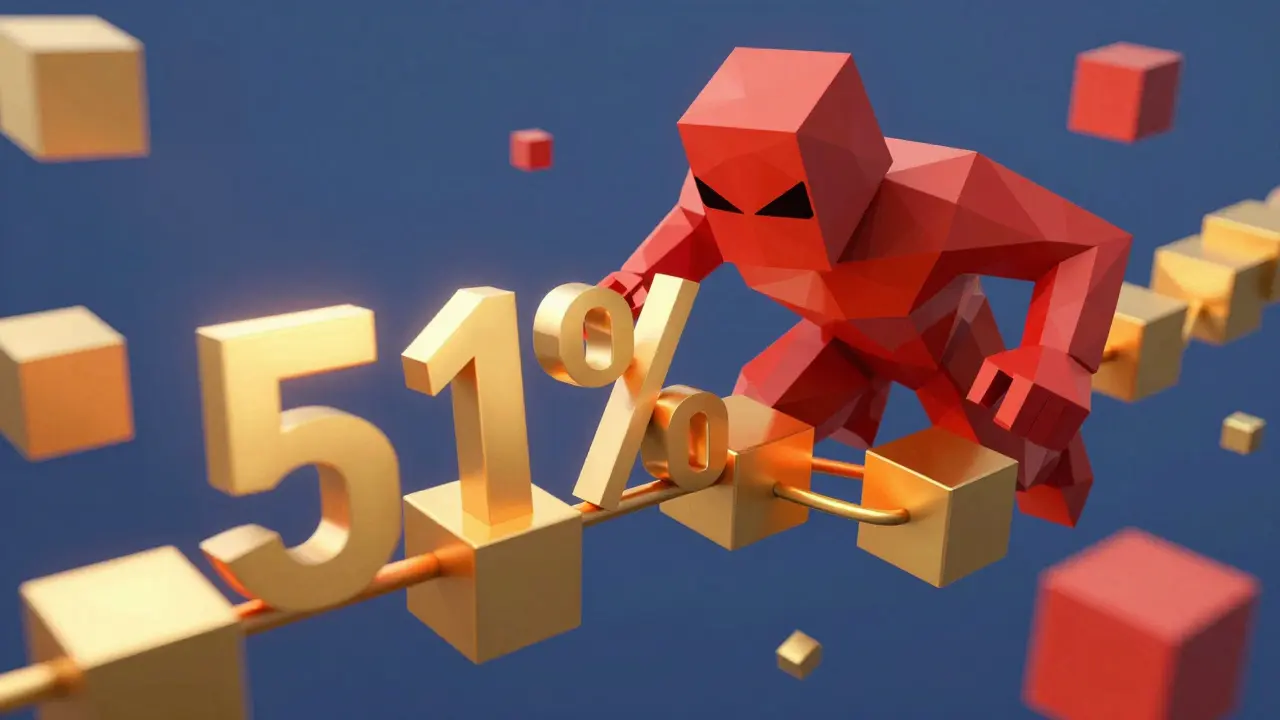 Low poly red entity attacking a golden blockchain, illustrating the risk of a 51% network takeover.