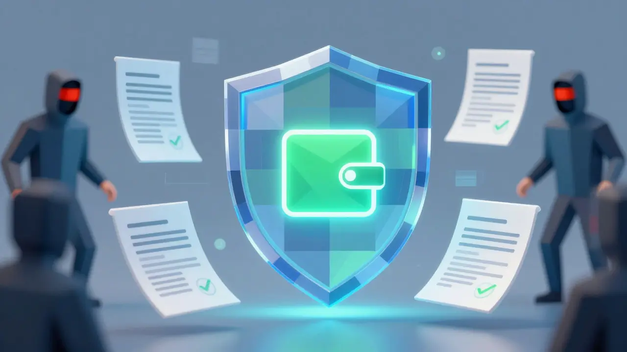 Low poly shield protecting a digital wallet from abstract hacker figures