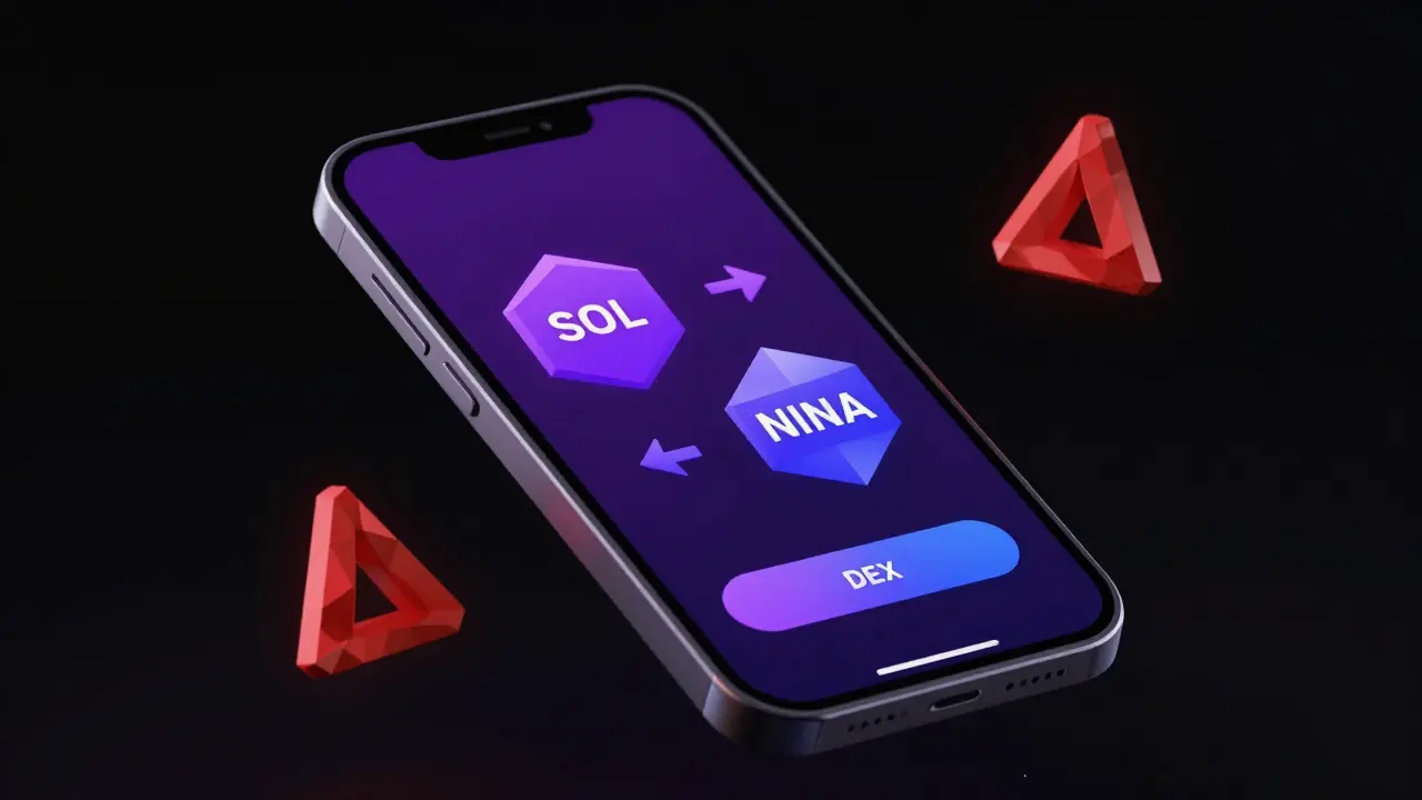 Low poly smartphone displaying a risky crypto swap with warning symbols.