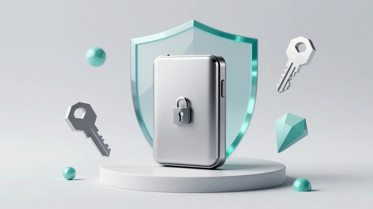 Modern low poly design of a secure hardware wallet and protection shields