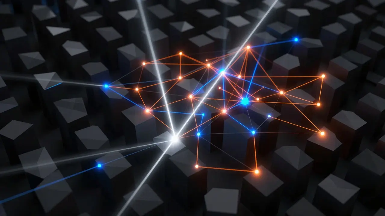 Neon beams piercing dark geometric clusters to trace hidden blockchain assets