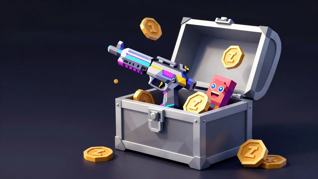 Open low poly chest revealing NFT weapons and tokens