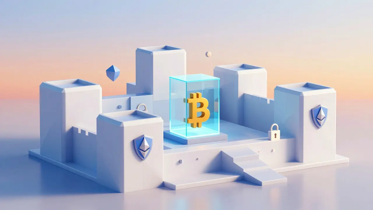 Secure low-poly digital vault protecting safe cryptocurrency assets