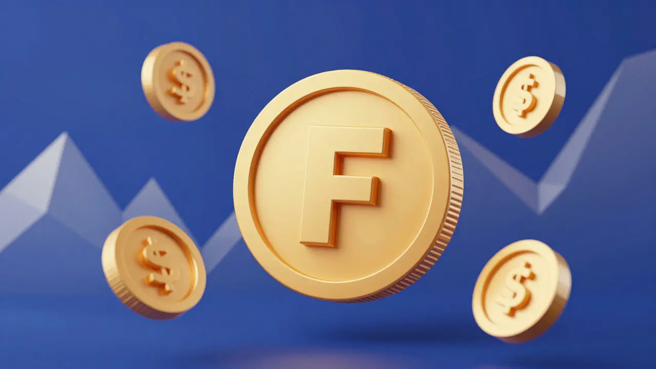Stylized low poly gold F token surrounded by utility symbols