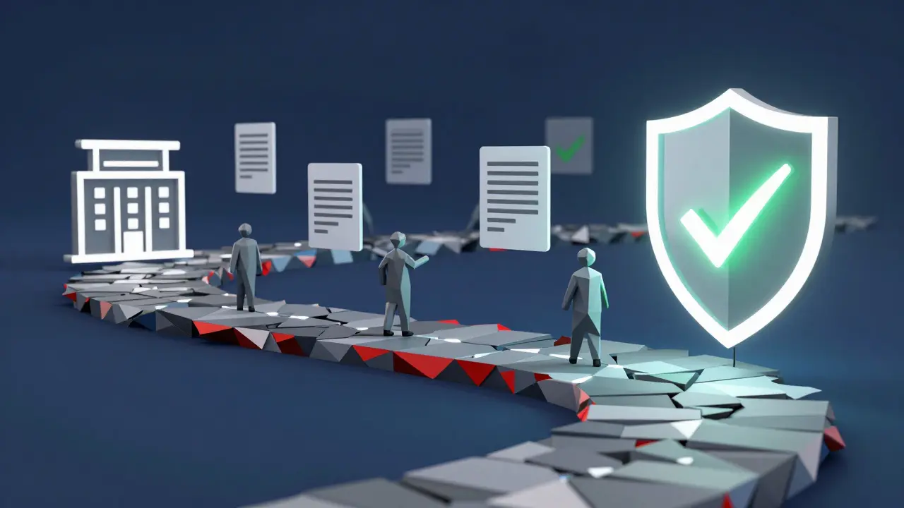 Abstract low poly path showing regulatory steps and compliance checks
