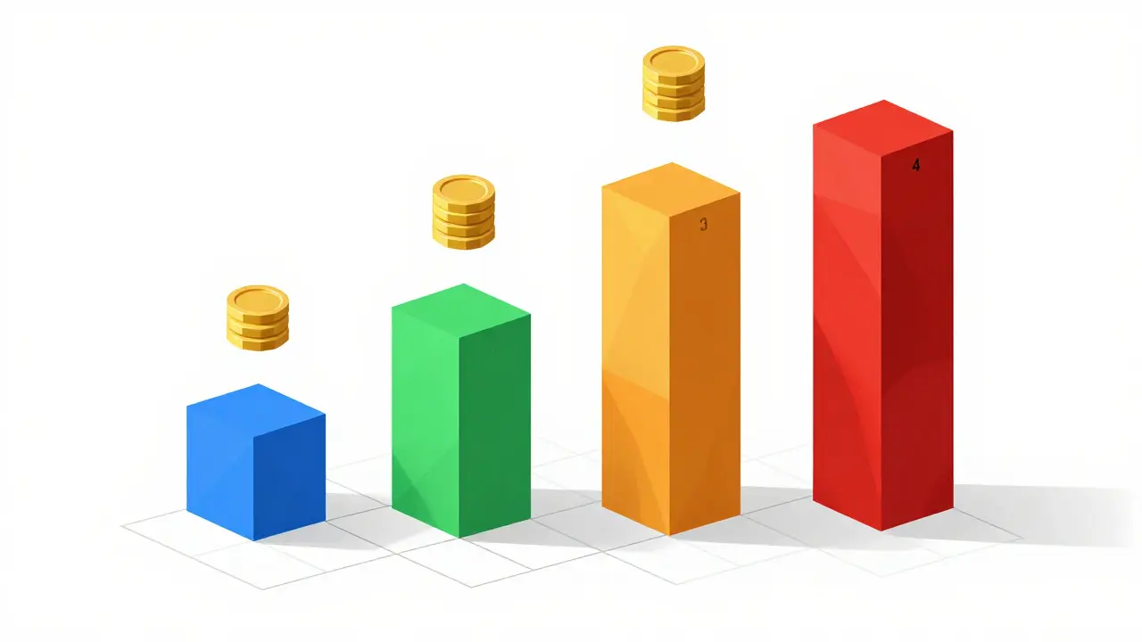 Four low poly towers of varying heights representing crypto license classes