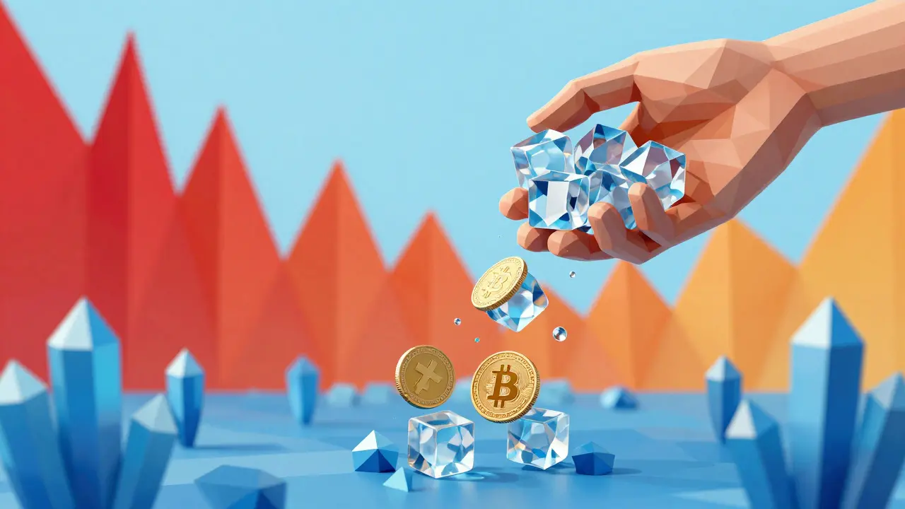 Low-poly art of melting cash turning into crypto coins