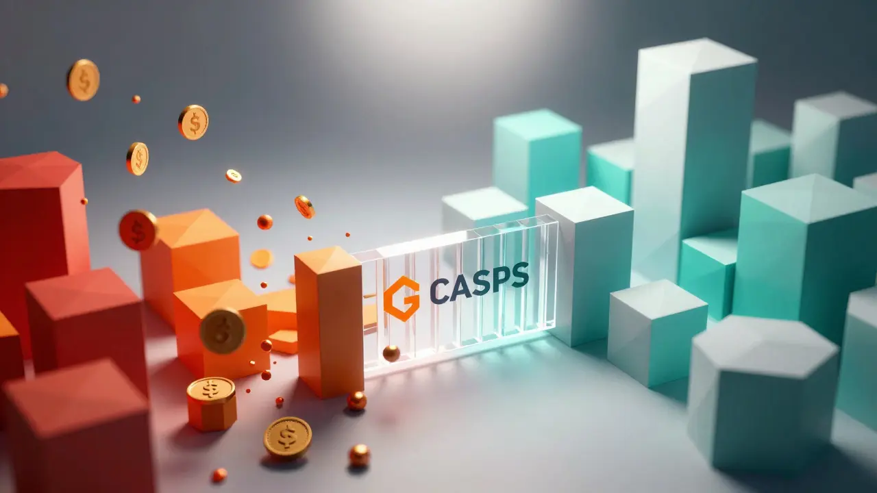 Low-poly art showing compliant vs non-compliant crypto assets filtering