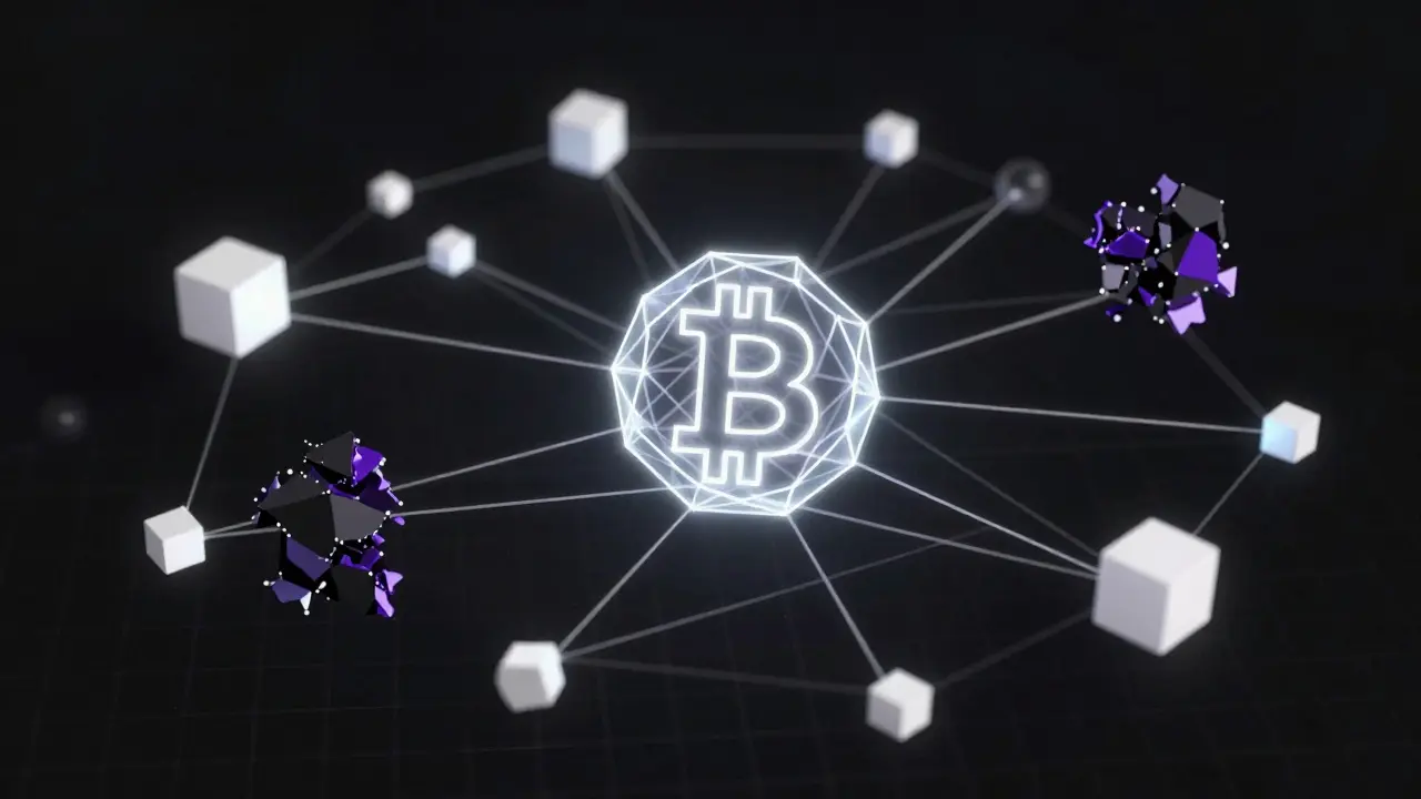 Low poly blockchain network showing tainted crypto transactions