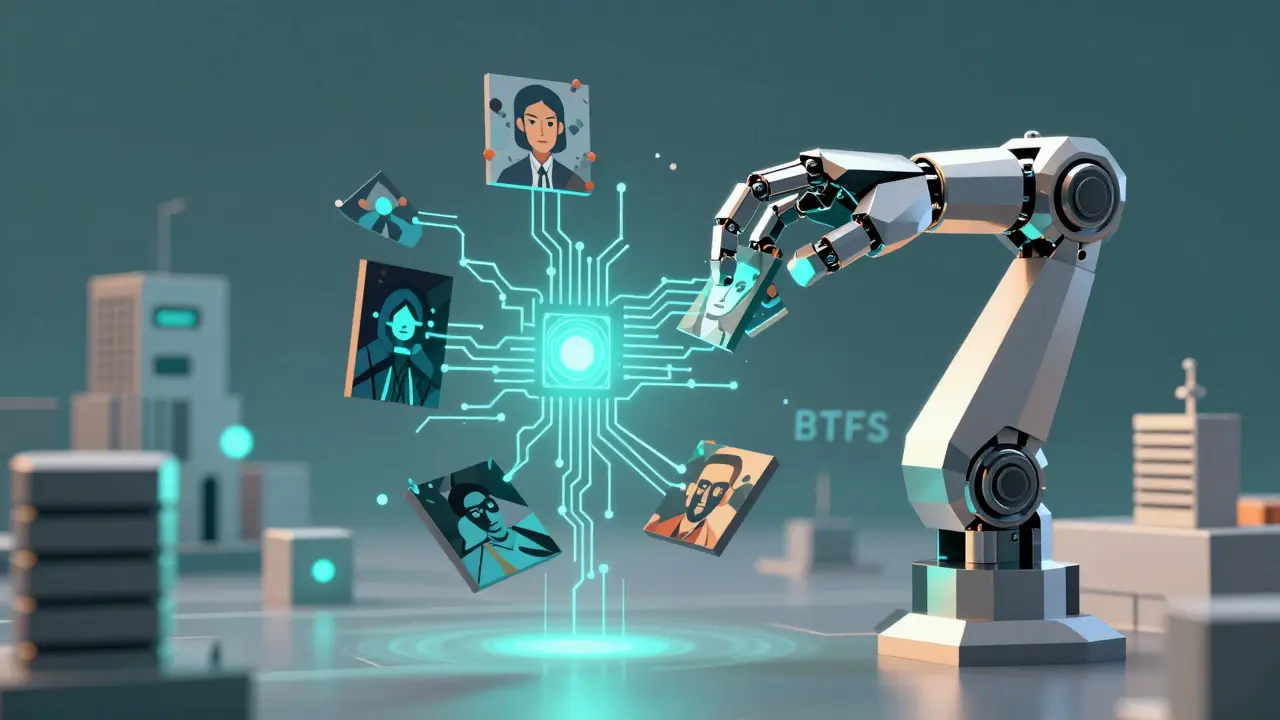 Low poly concept of AI algorithms assembling NFT fragments in a futuristic metaverse setting.