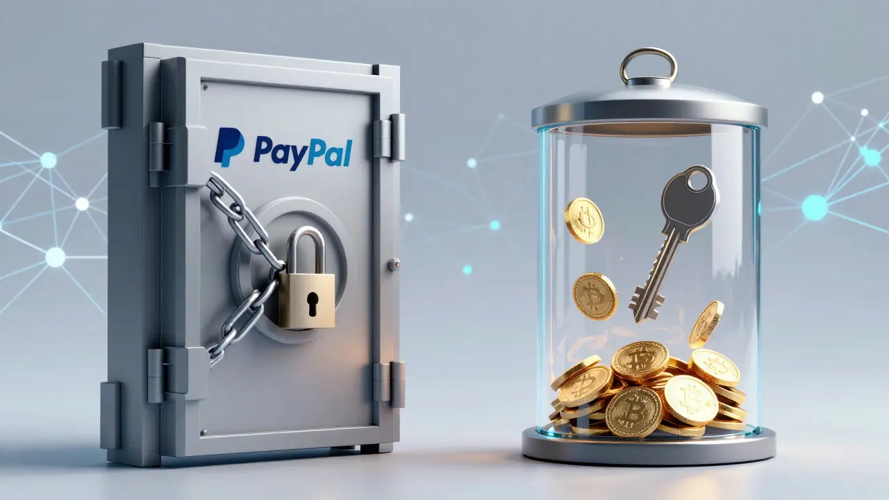 Low poly contrast between locked vault and open crypto wallet with key