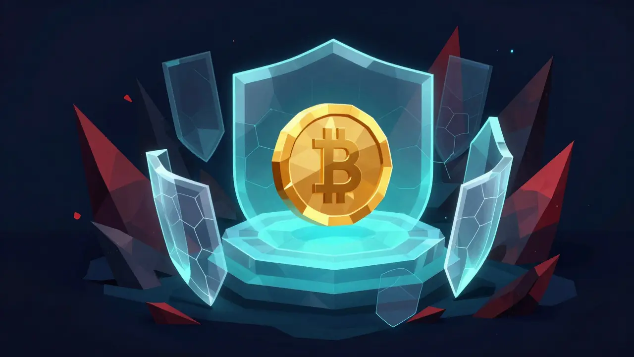 Low poly cybersecurity shields protecting a gold coin from digital threats