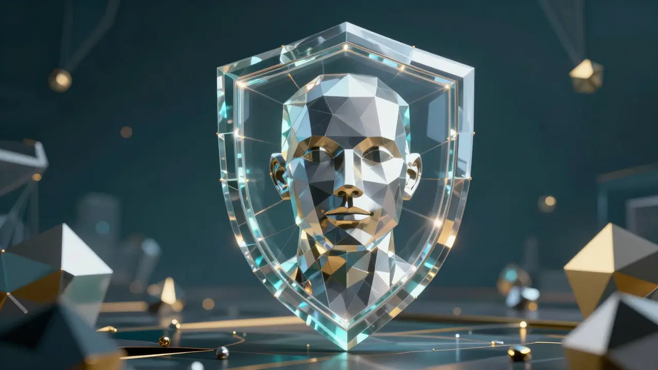 Low poly digital head protected by a crystalline blockchain shield