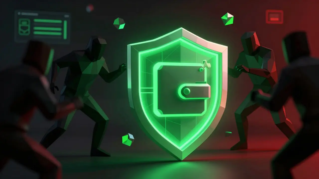 Low-poly digital shield protecting a crypto wallet from shadowy scammer figures