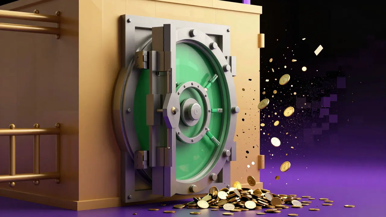 Low poly empty vault contrasting with a stable, secure exchange structure
