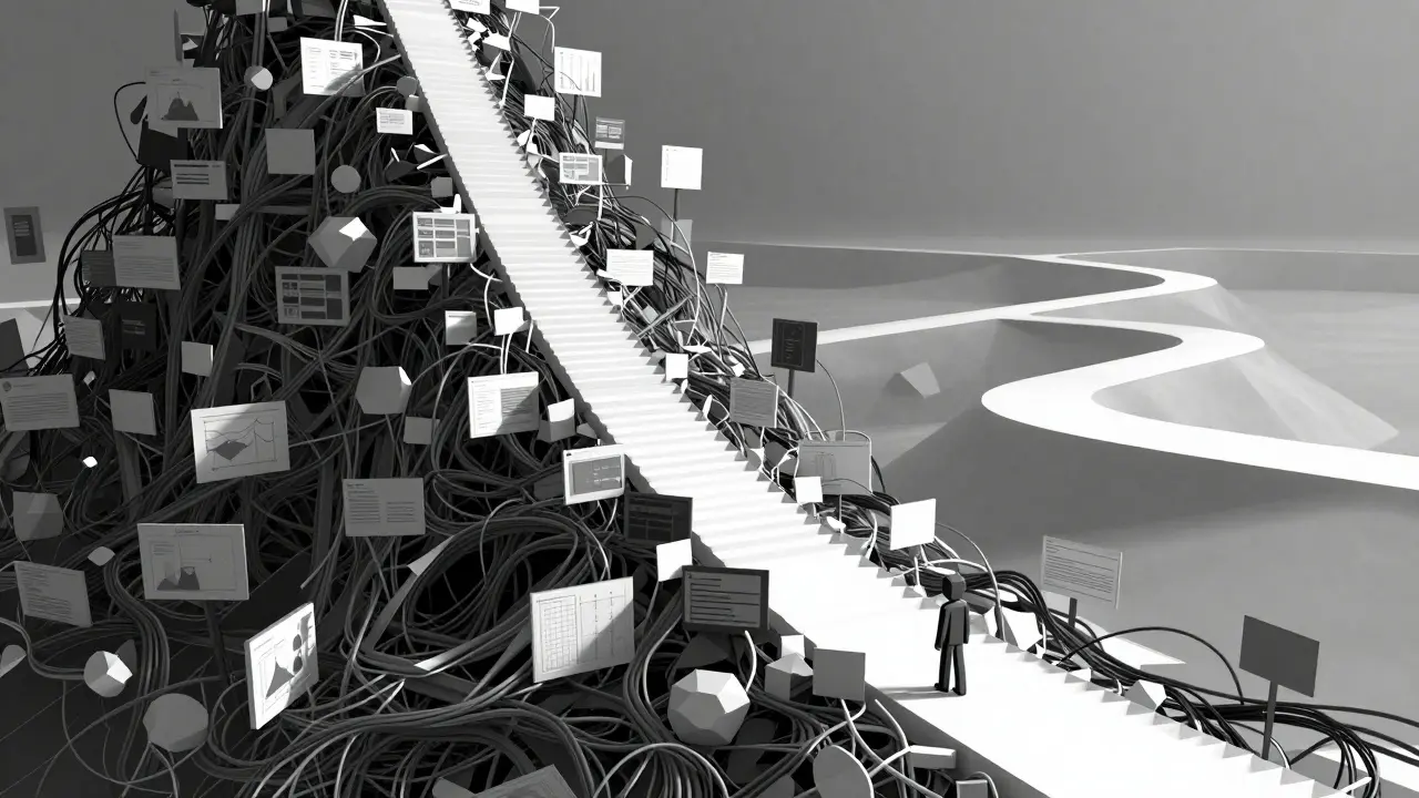 Low poly figure facing a complex mountain of trading interface obstacles