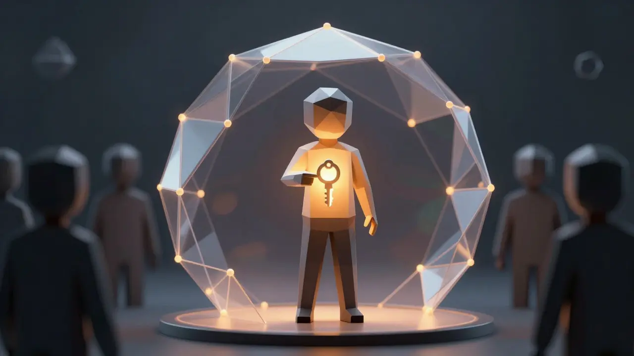 Low poly figure holding key inside protective security dome
