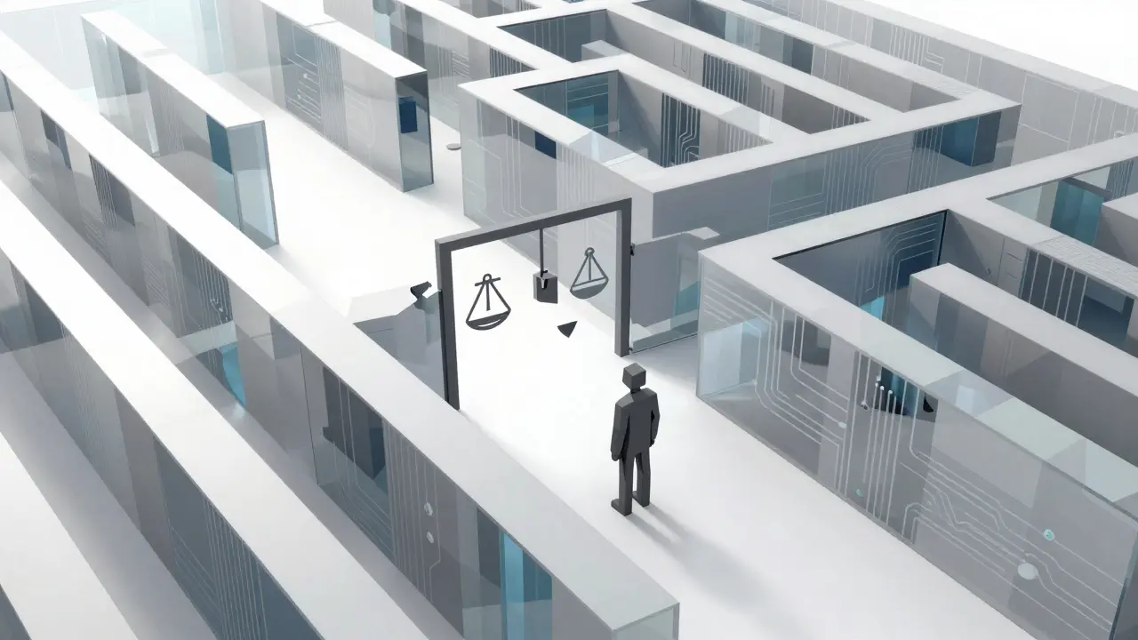 Low poly figure lost in a transparent digital maze with missing security locks