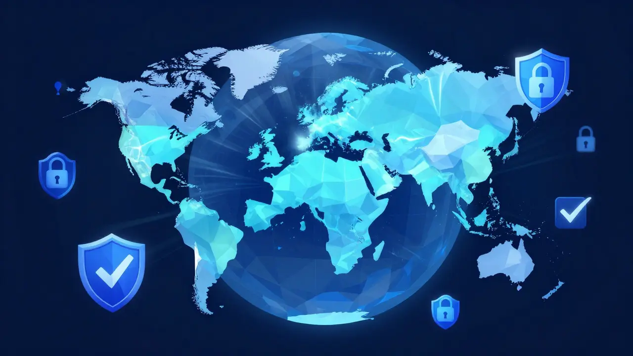 Low-poly globe with EU radiating regulatory influence worldwide