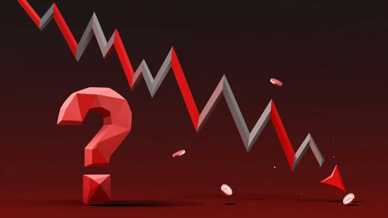 Low poly graphic showing a steep red price crash and falling coins.