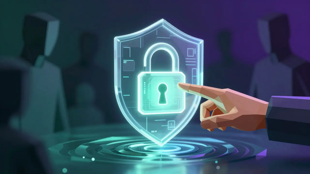 Low poly hand touching unstable digital security shield