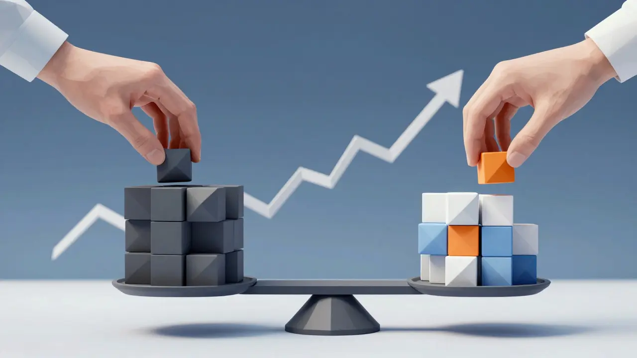 Low poly hands balancing scales with geometric blocks, symbolizing portfolio rebalancing.
