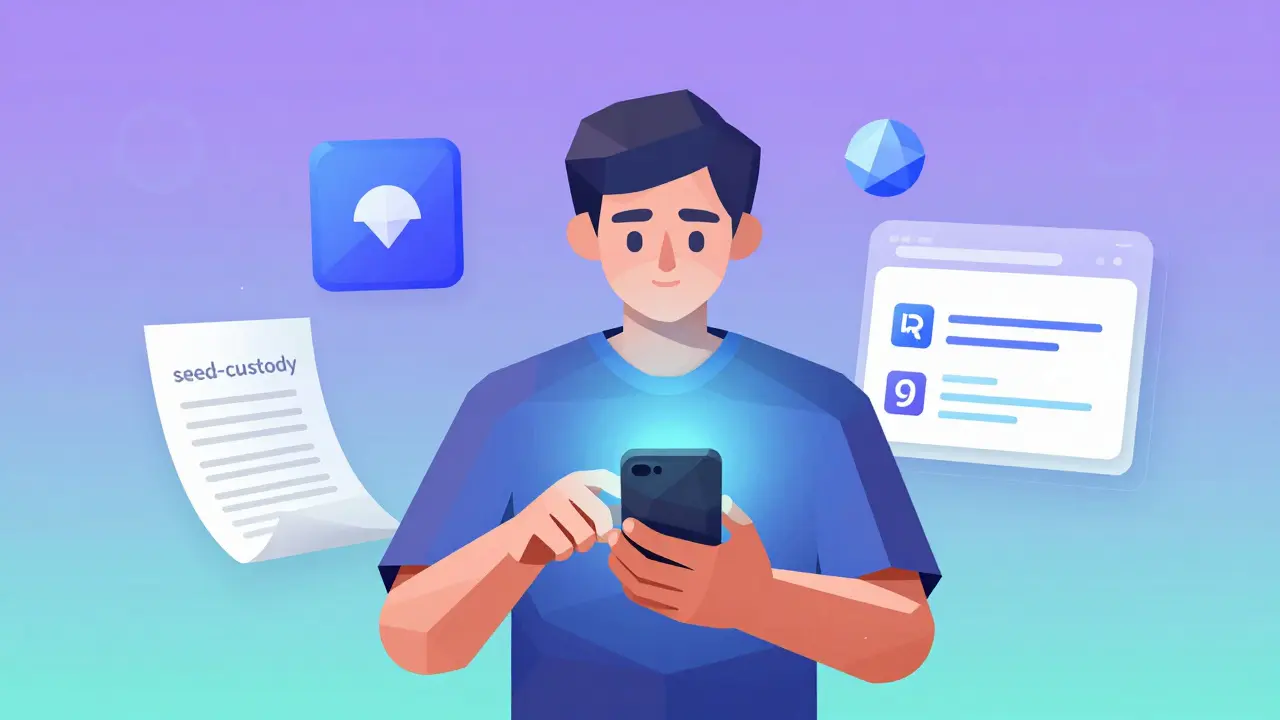 Low poly illustration of a crypto wallet and DEX interface elements.