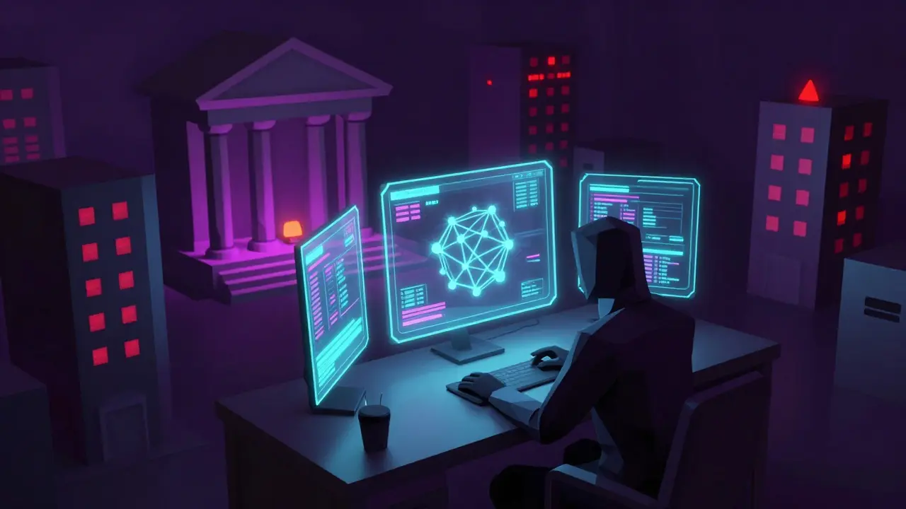 Low poly illustration of clandestine crypto trading under bank surveillance.