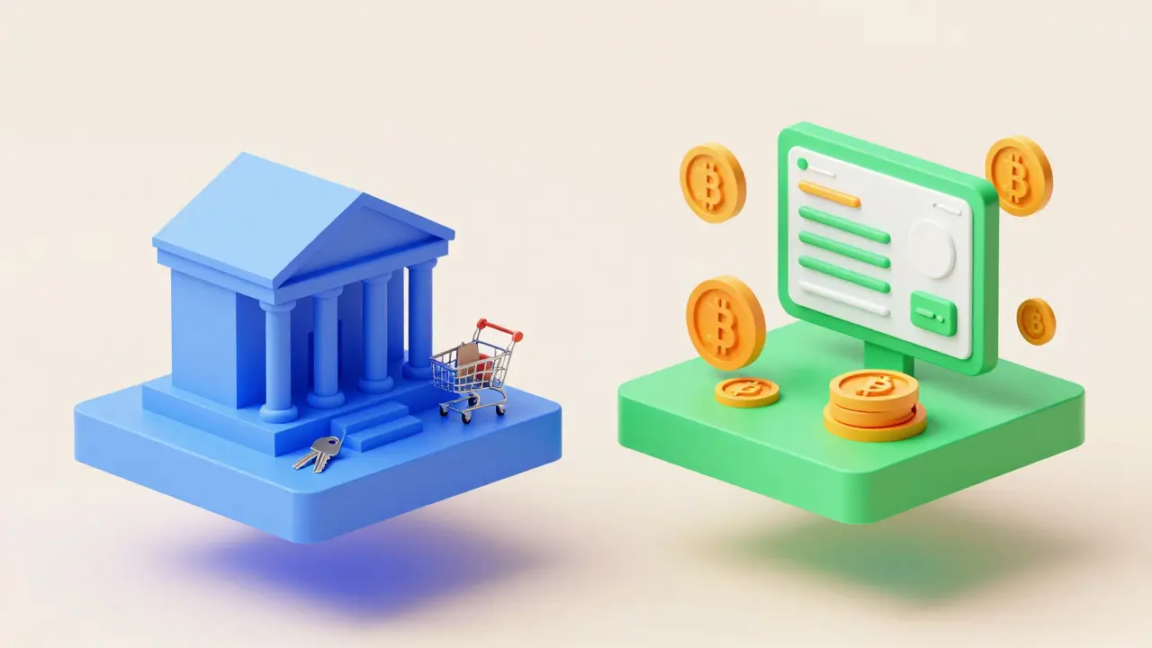 Low poly illustration separating daily bank accounts from crypto wallets